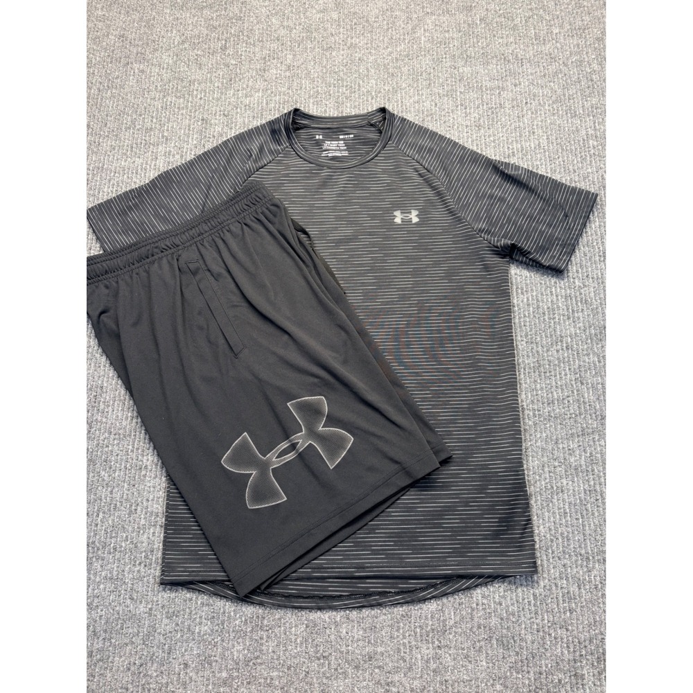 Under Armour Mens Tech Tee and Shorts Set Black Grey Stripe Size Small